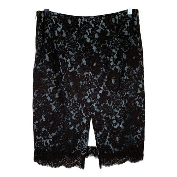 Karen Kane Lace Pencil Skirt Size 4 | Brown Blue Floral Overlay Fall Workwear - Picture 4 of 9